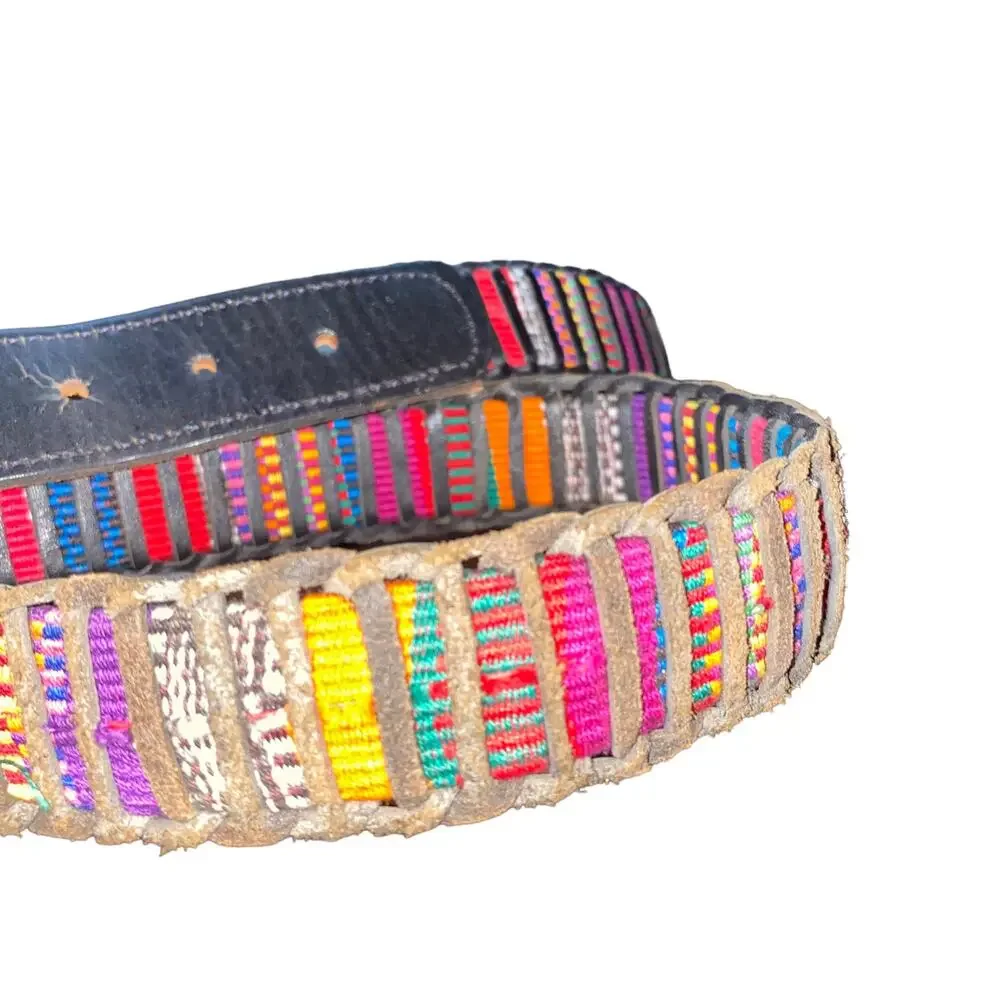 Stitched woven Genuine Leather Aztec Ethnic Boho Indie Print Belt size 42 pink